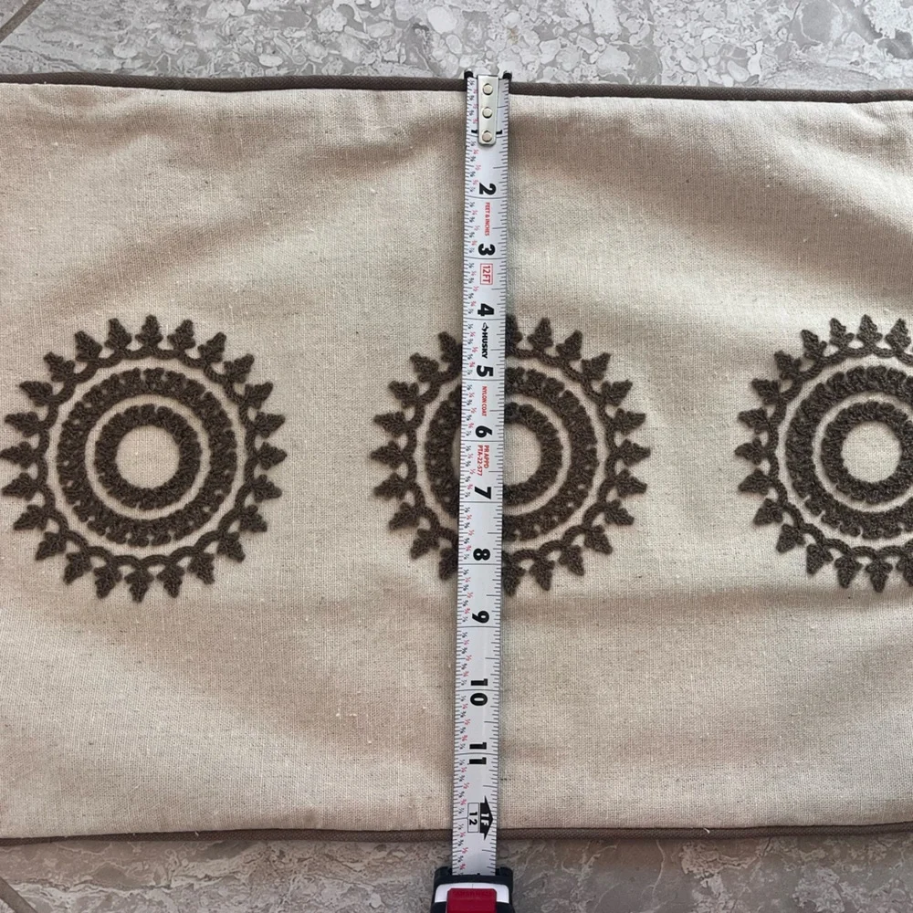 Linen Pillow Cover with Embroidered Brown Circular Patterns, 12” x 20”